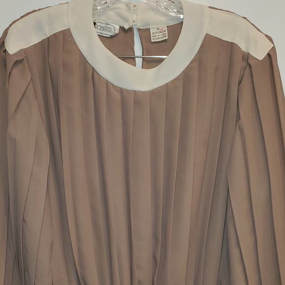 Liz Roberts Women's Tan & Cream Pleaded Elastic Waist Midi Retro Dress Size 14 - Picture 3 of 7